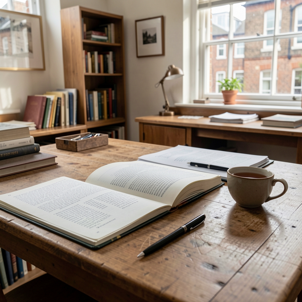 Editorial desk with open notebooks, printed research papers, and a cup of tea in a quiet Clerkenwell study, natural daylight