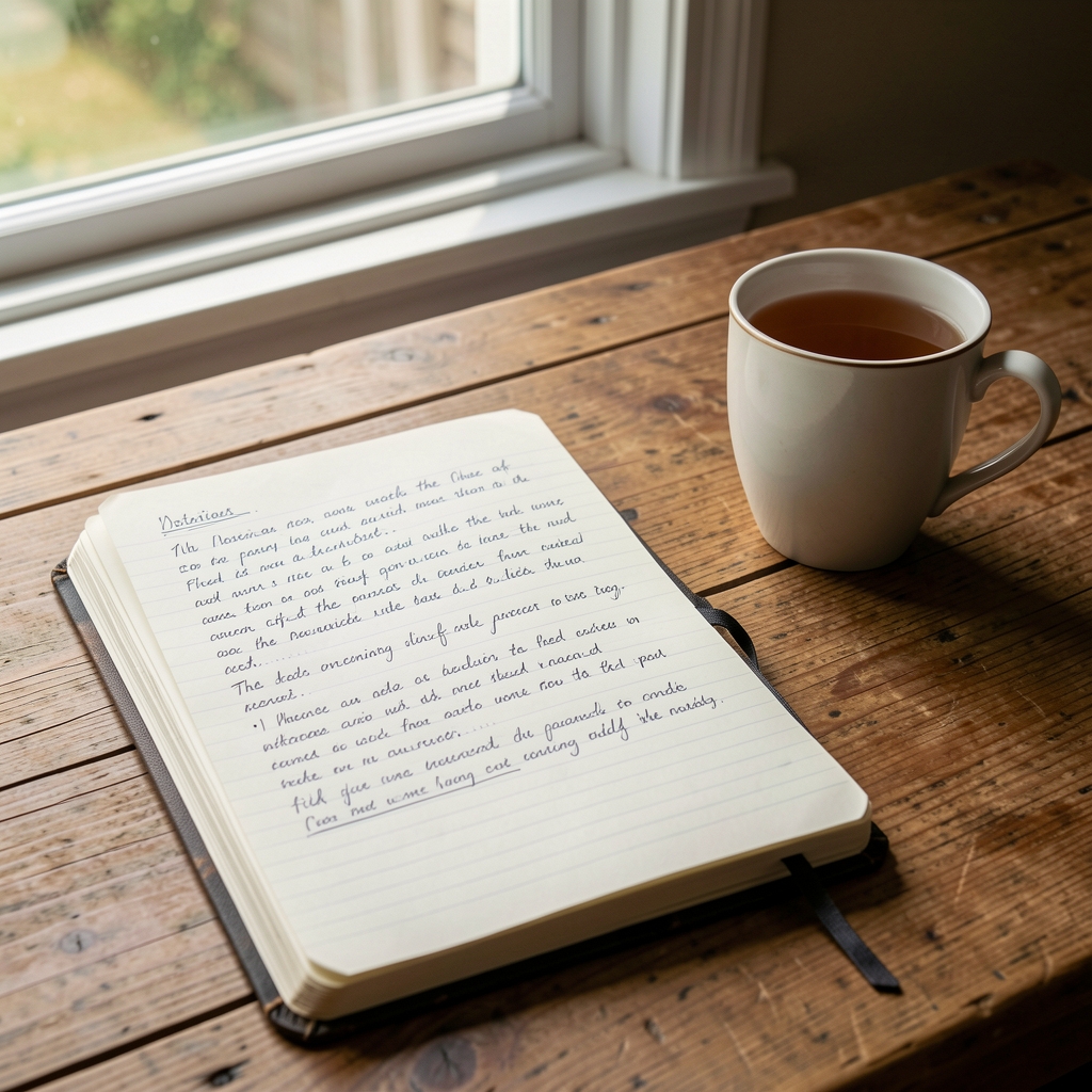 Open notebook with handwritten field observations beside a cup of tea, natural window light, wooden desk surface