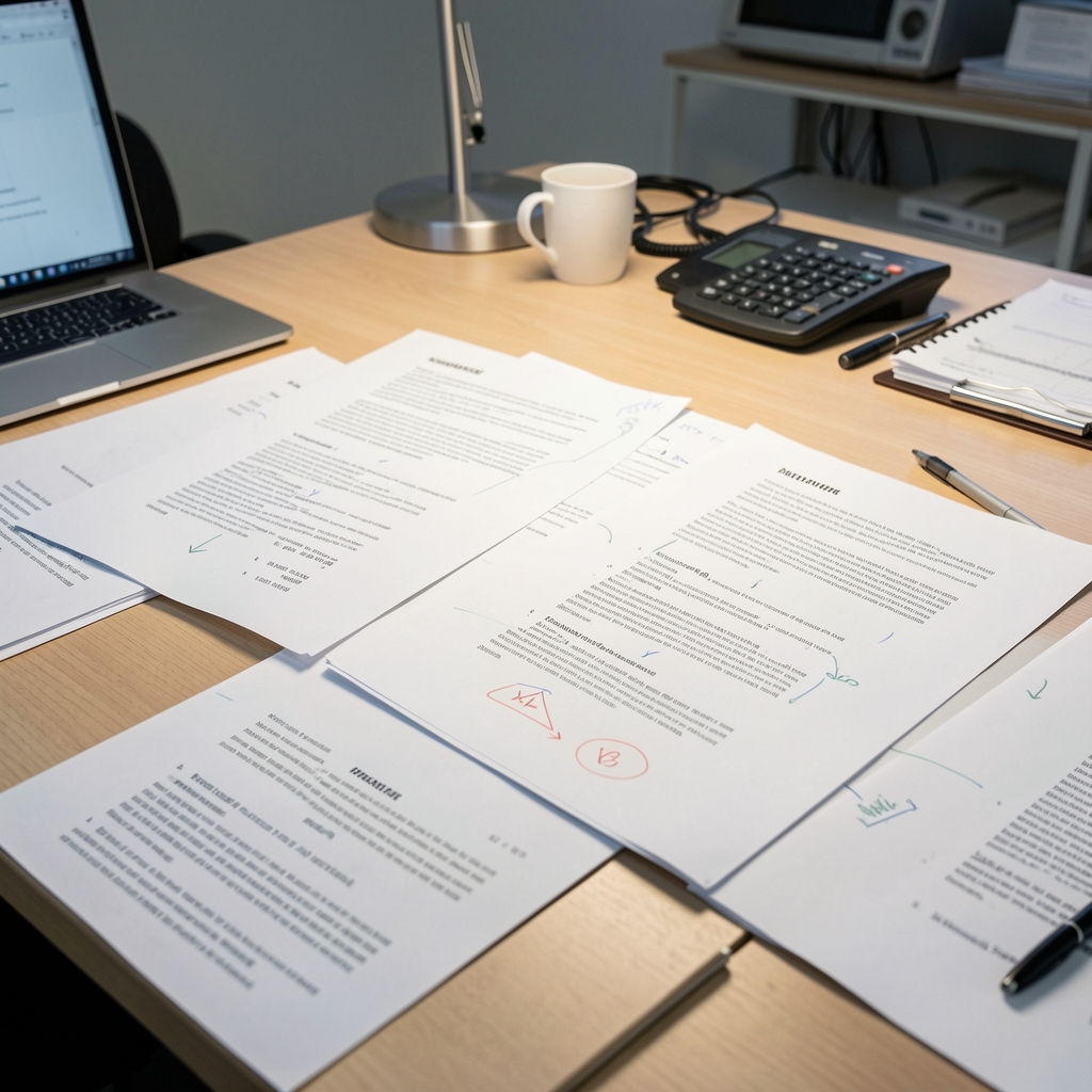 Printed research documents spread across a table with annotation marks, editorial workspace in controlled lighting
