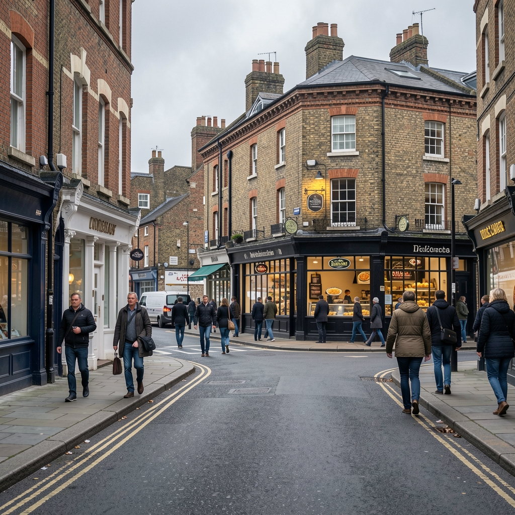 London street scene near Clerkenwell with a food shop visible in background, grey overcast sky, pedestrians passing