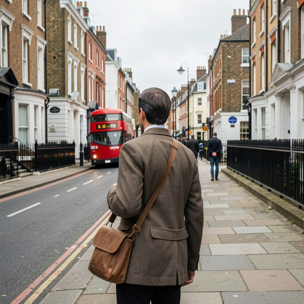 Harriet Caldwell photographed outdoors on a London street, carrying a shoulder bag, natural overcast daylight