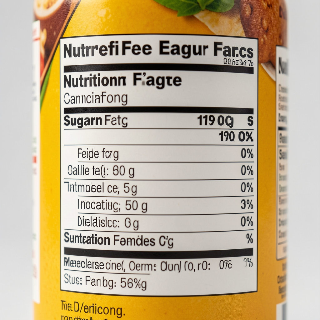 Close-up of nutrition label on packaged food product showing sugar content, photographed under controlled studio lighting