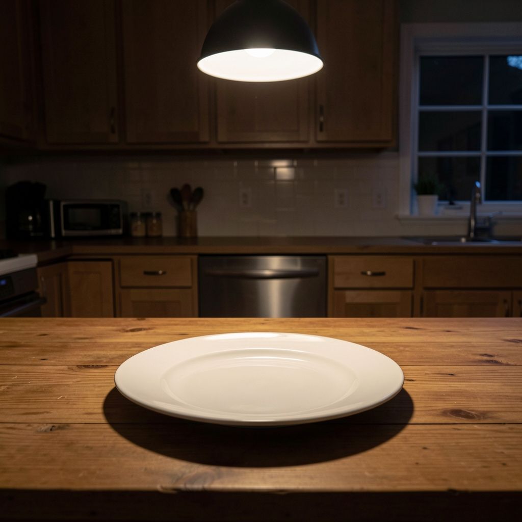 Empty white dinner plate on a wooden table in a dimly lit kitchen, late evening, single overhead lamp casting sharp shadows