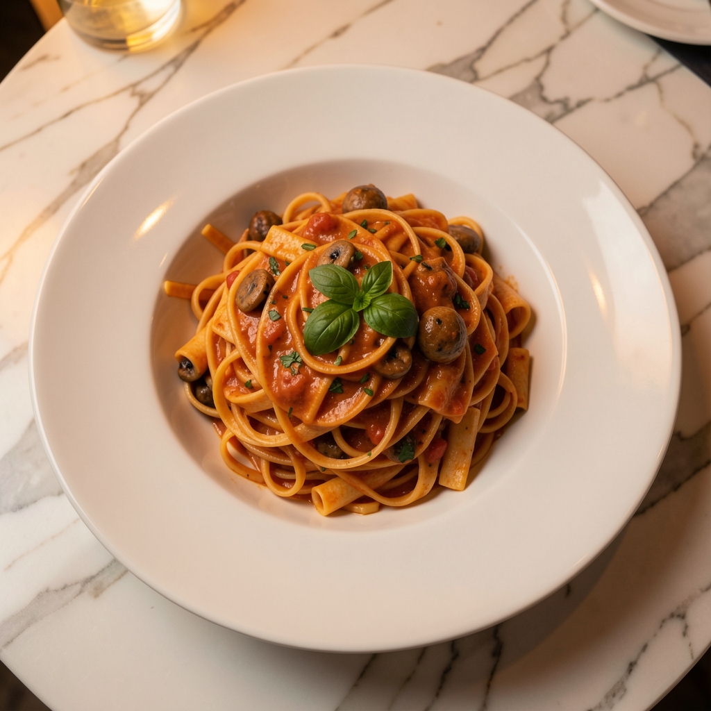 Oversized restaurant portion of pasta in a wide white bowl, photographed from above on a marble-effect table, warm amber ambient lighting