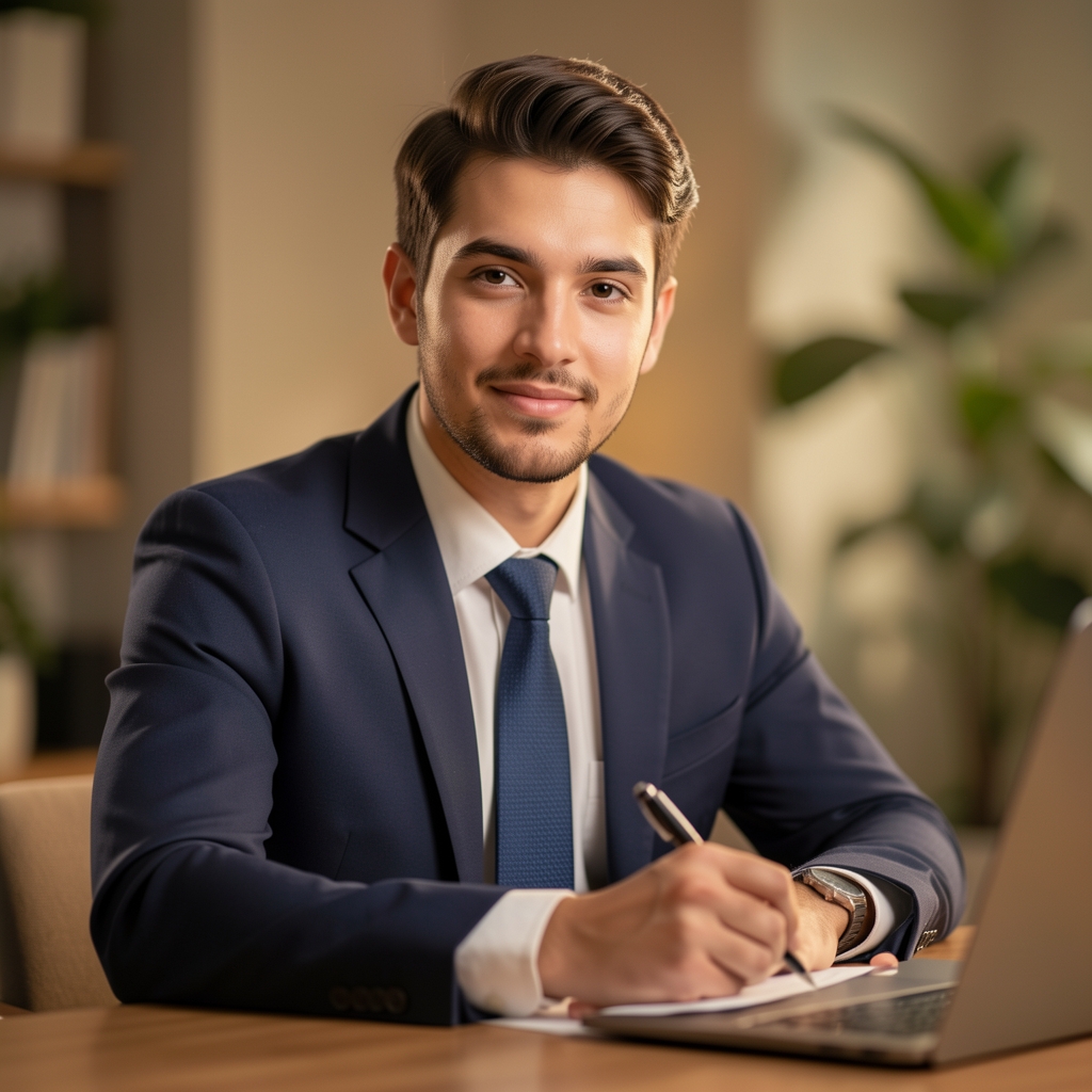 Editorial portrait of Tobias Marsden at a writing desk, warm indoor lighting