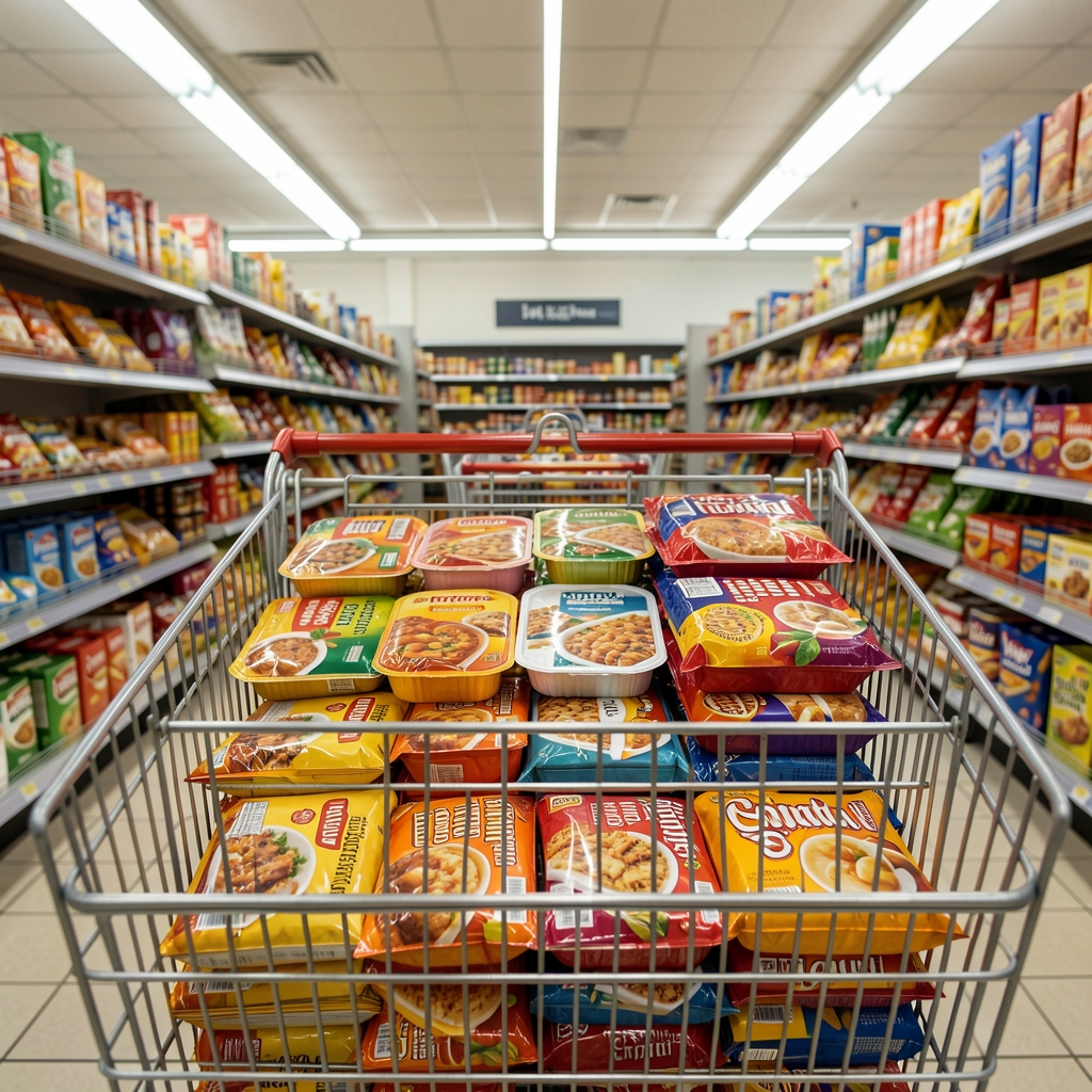 Close-up of a supermarket trolley loaded with packaged ready meals and processed snack foods in a UK grocery store, fluorescent overhead lighting