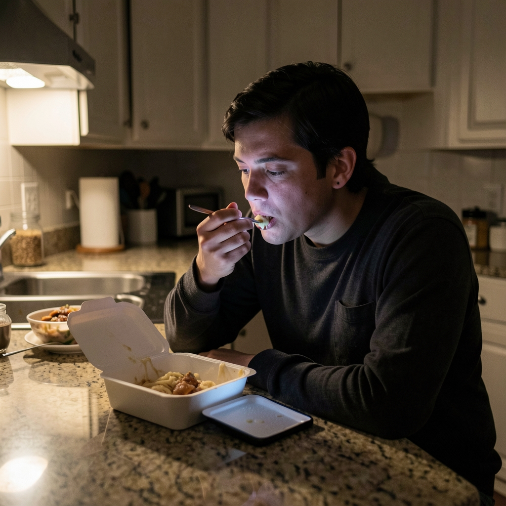 Person eating alone at a kitchen counter at night, phone screen illuminating their face, takeaway container open in front of them, documentary-style available light