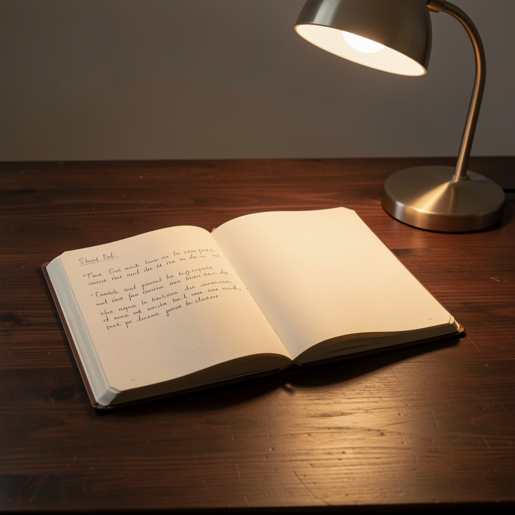 Open notebook on a dark wooden desk with a single reading lamp casting warm light, handwritten notes visible